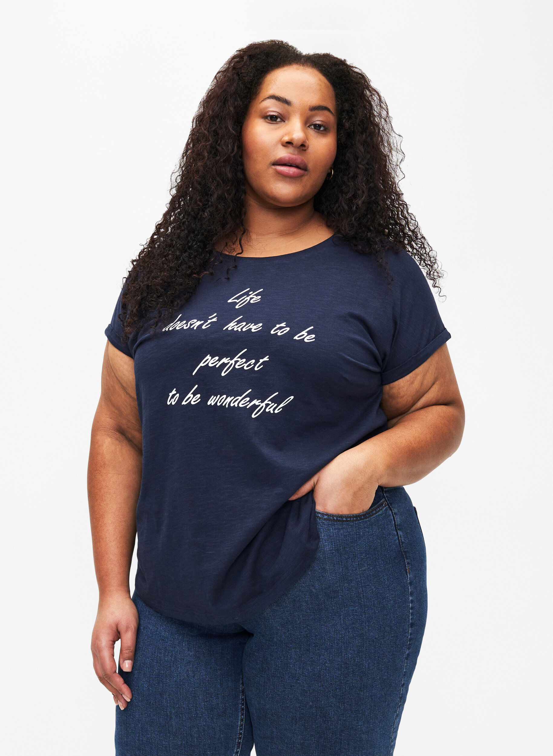 Zizzi Bedrukt T-shirt van biologisch katoen, N.Sky w. White Print, Model image number 0