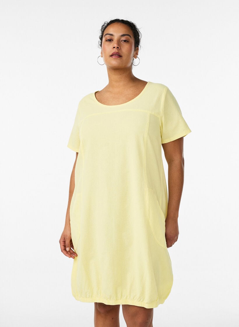Katoenen jurk met korte mouwen, Geel, Model image number 0