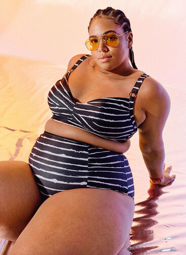 Gestreept bikinibroekje met hoge taille, Black White Stripe, Image image number 0