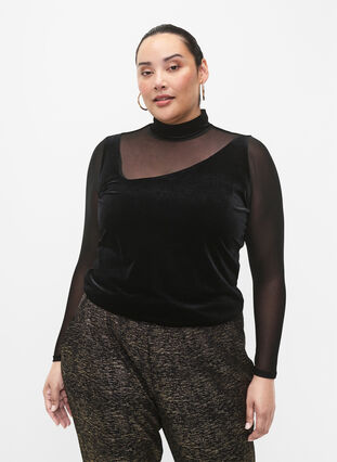 Fluwelen blouse met lange netmouwen	, Black, Model image number 0