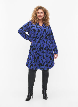Bedrukte jurk met koord in de taille, Black Blue AOP, Model image number 2