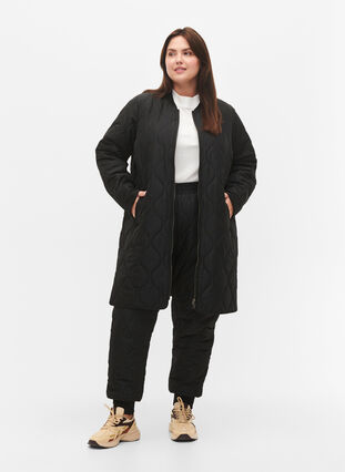Lange gevoerde jas met zakken en rits, Black, Model image number 2