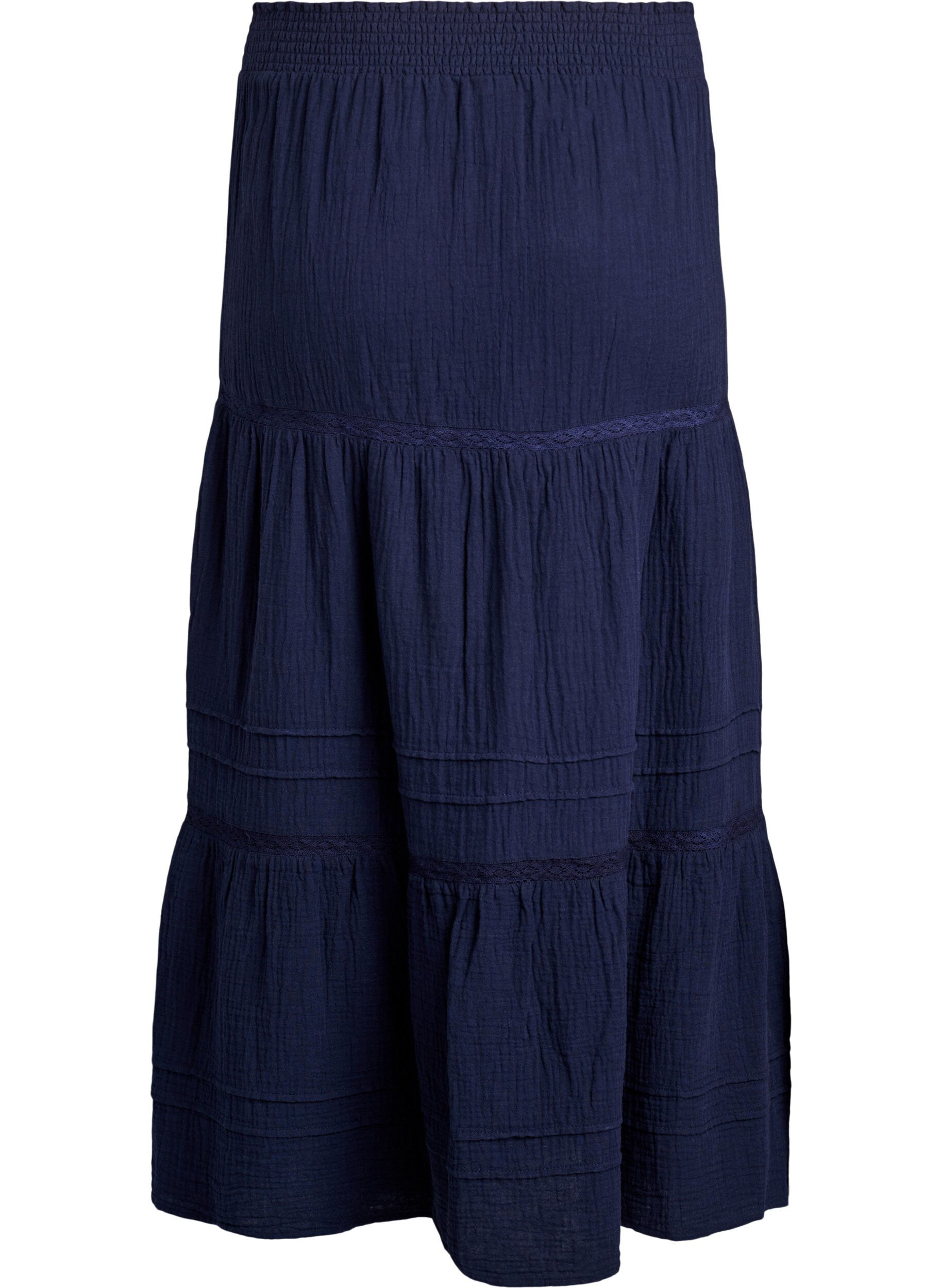 ZizziA-line midi skirt in cotton muslin with crochet band, Blauw, Packshot image number 1