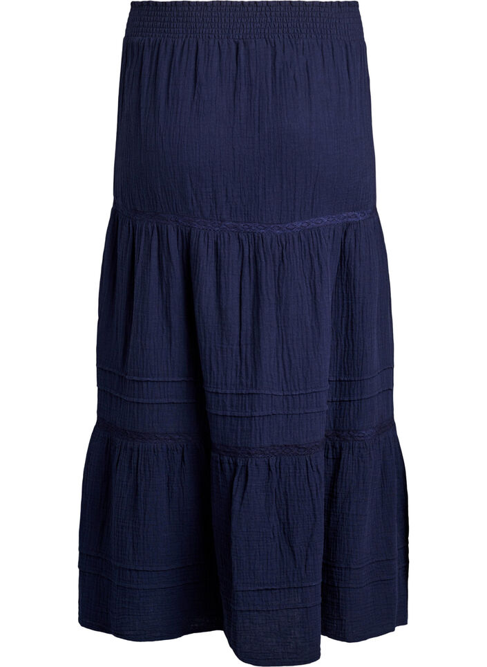 A-line midi skirt in cotton muslin with crochet band, Blauw, Packshot image number 1