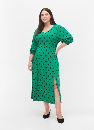 Polka stippen viscose midi jurk, Jolly Green Dot AOP, Model image number 3