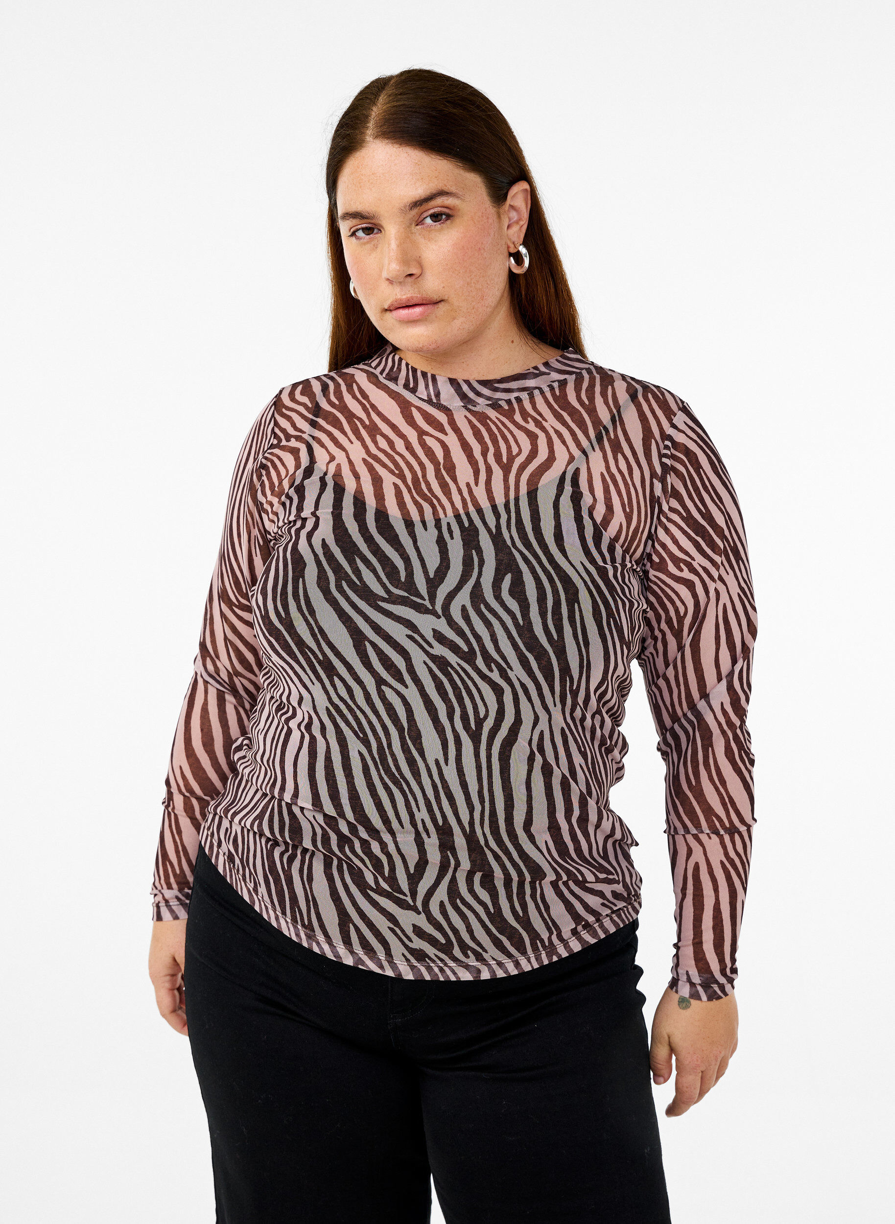 Zizzi Mesh top met zebra print, Zwart, Model image number 0