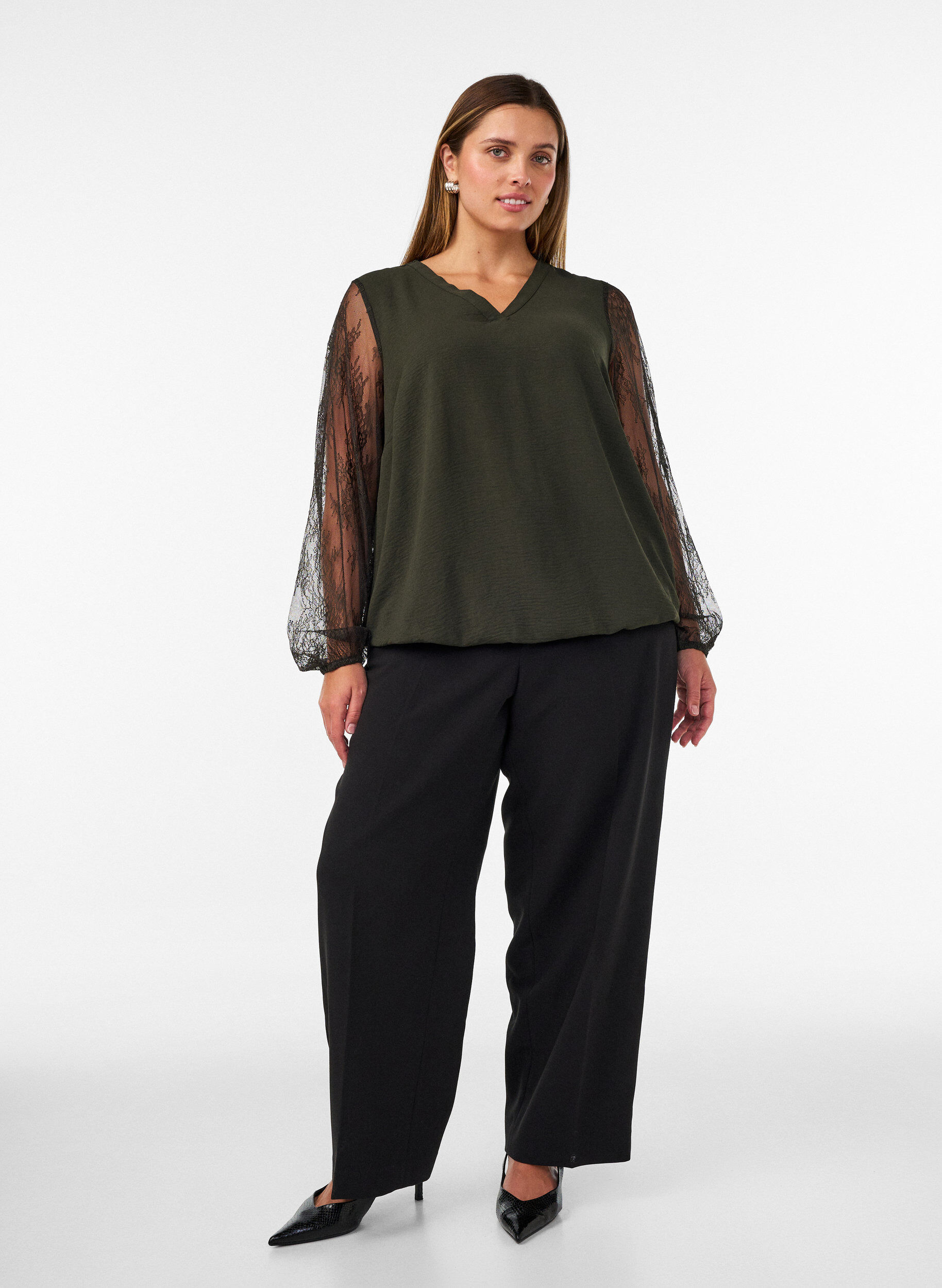 ZizziBlouse met kanten mouwen en ballonvorm, Groen, Model image number 1