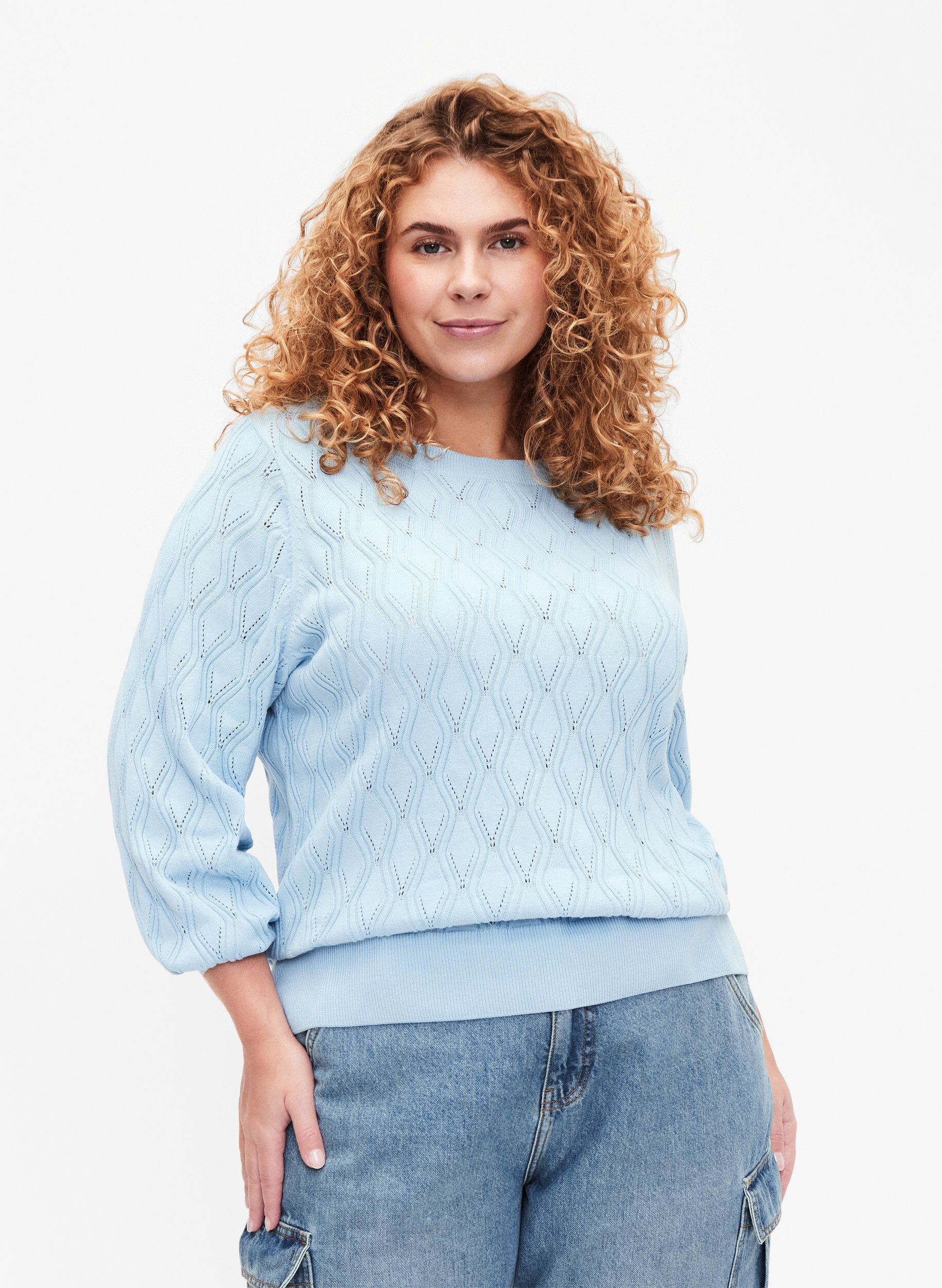 Zizzi Pullover met gatenpatroon en boothals	, Blue Bell, Model image number 0