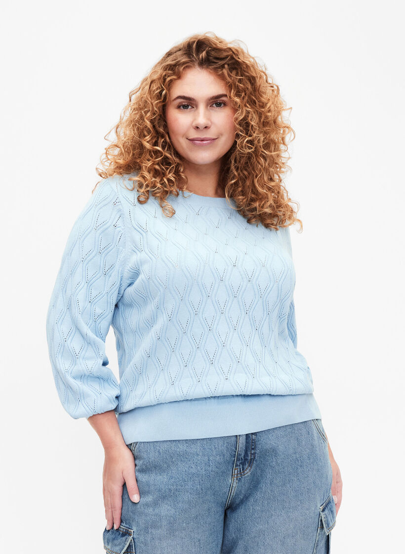 Pullover met gatenpatroon en boothals	, Blue Bell, Model image number 0