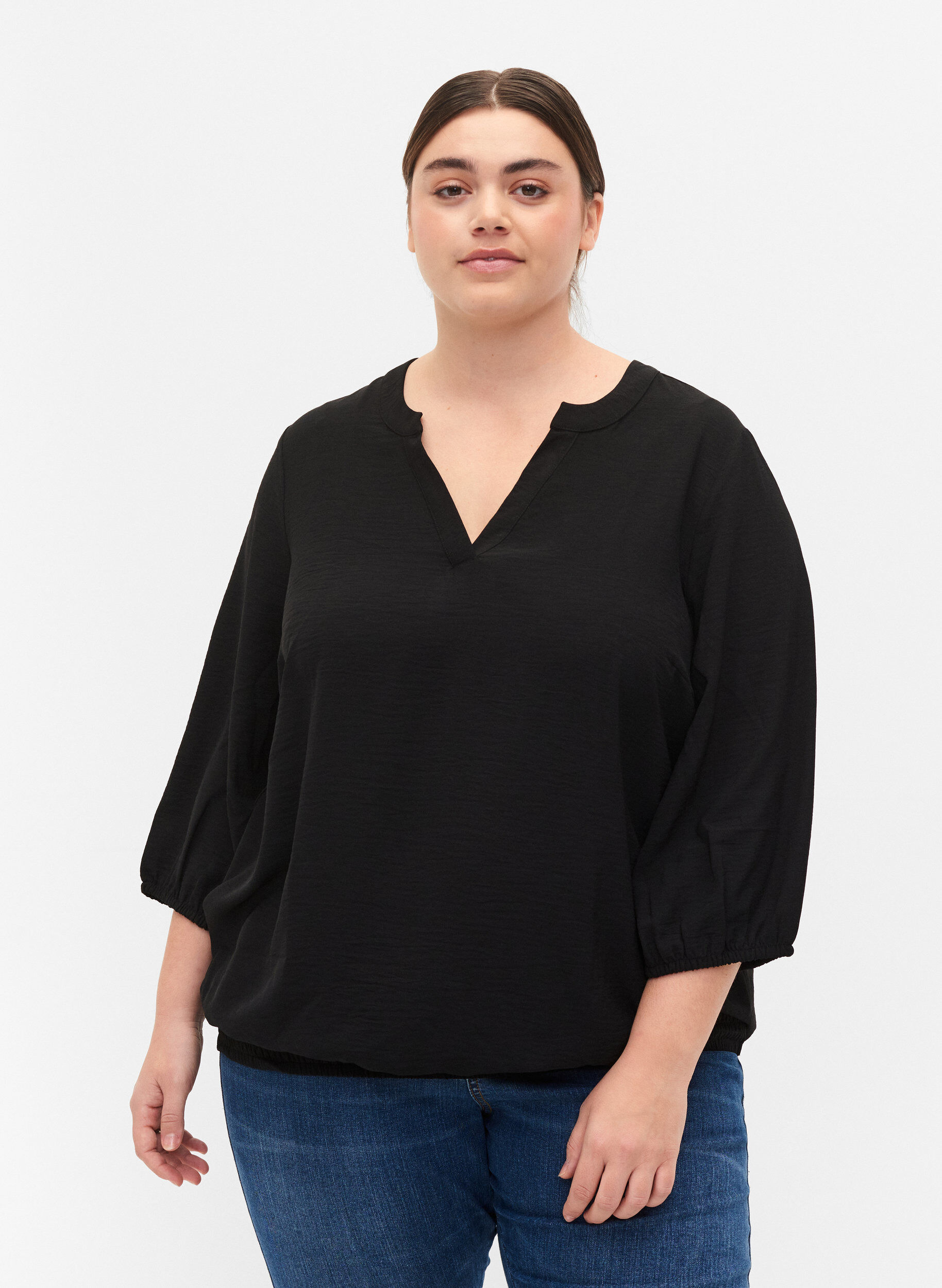 Zizzi Blouse met smok en 3/4 mouwen, Black, Model image number 0
