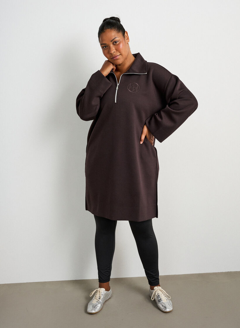 Sportieve sweatshirtjurk met hoge kraag en ritssluiting, Bruin, Model image number 1