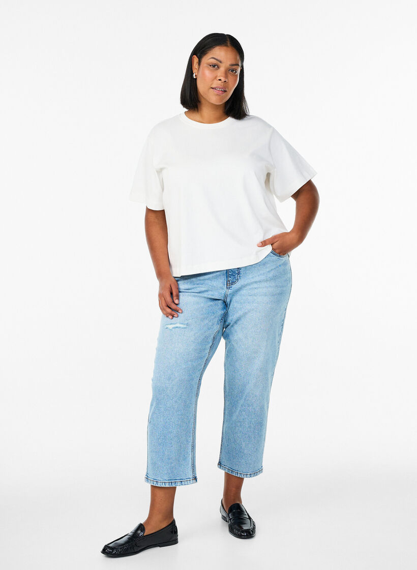 Gecropte Vera jeans met distressed details, Blauw, Model image number 0