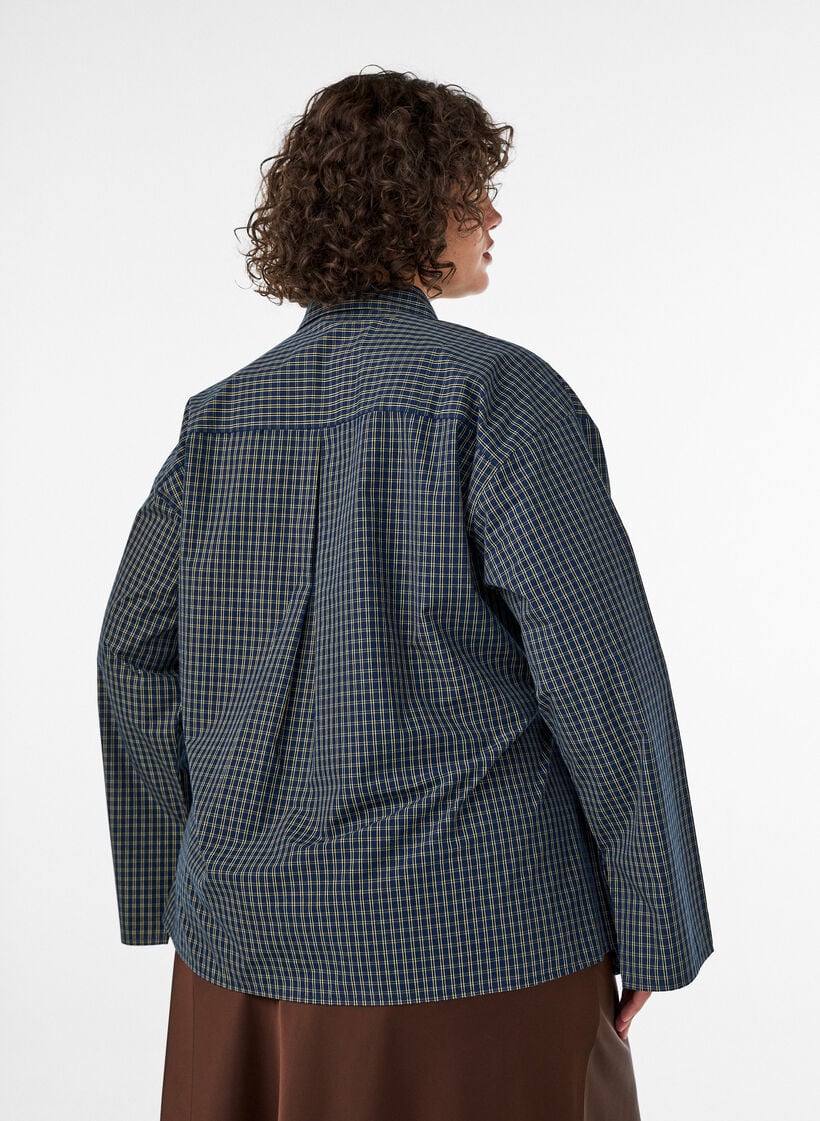 Katoenen overhemd met ruitpatroon en onzichtbare knoopsluiting, Blauw, Model image number 2