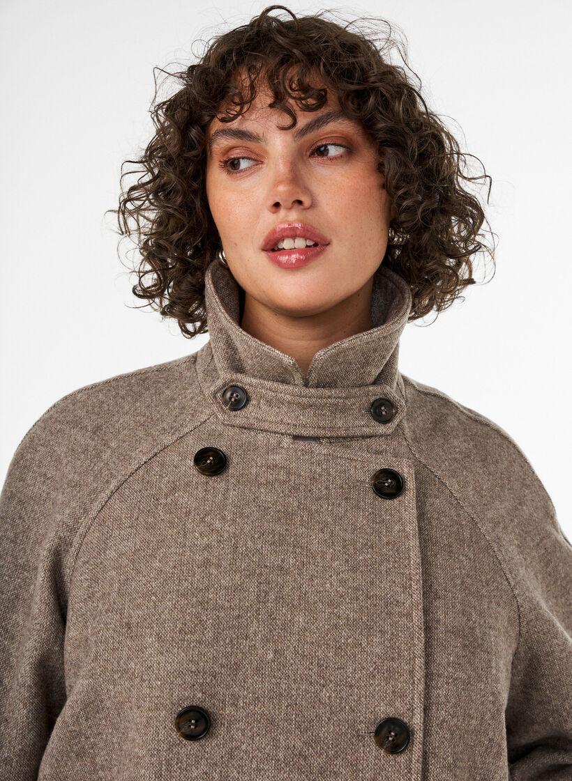 Lange wollen jas met hoge kraag en dubbelzijdig knoopontwerp, Bruin, Model image number 3