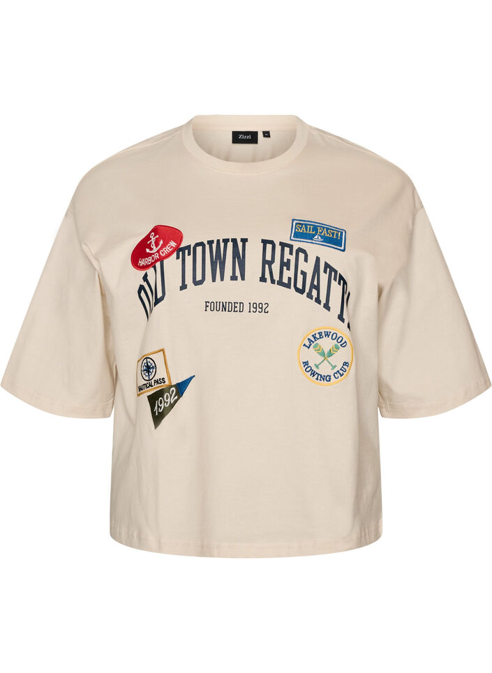 T-shirt met tekstprint en badges, Beige, Packshot image number 0