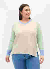 Gebreide blouse met colourblock en v-hals, Pumice Stone Mel.Com, Model