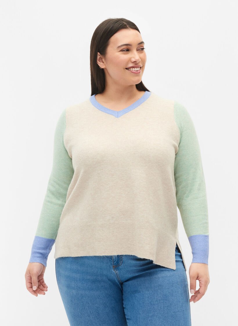 Gebreide blouse met colourblock en v-hals, Pumice Stone Mel.Com, Model image number 0