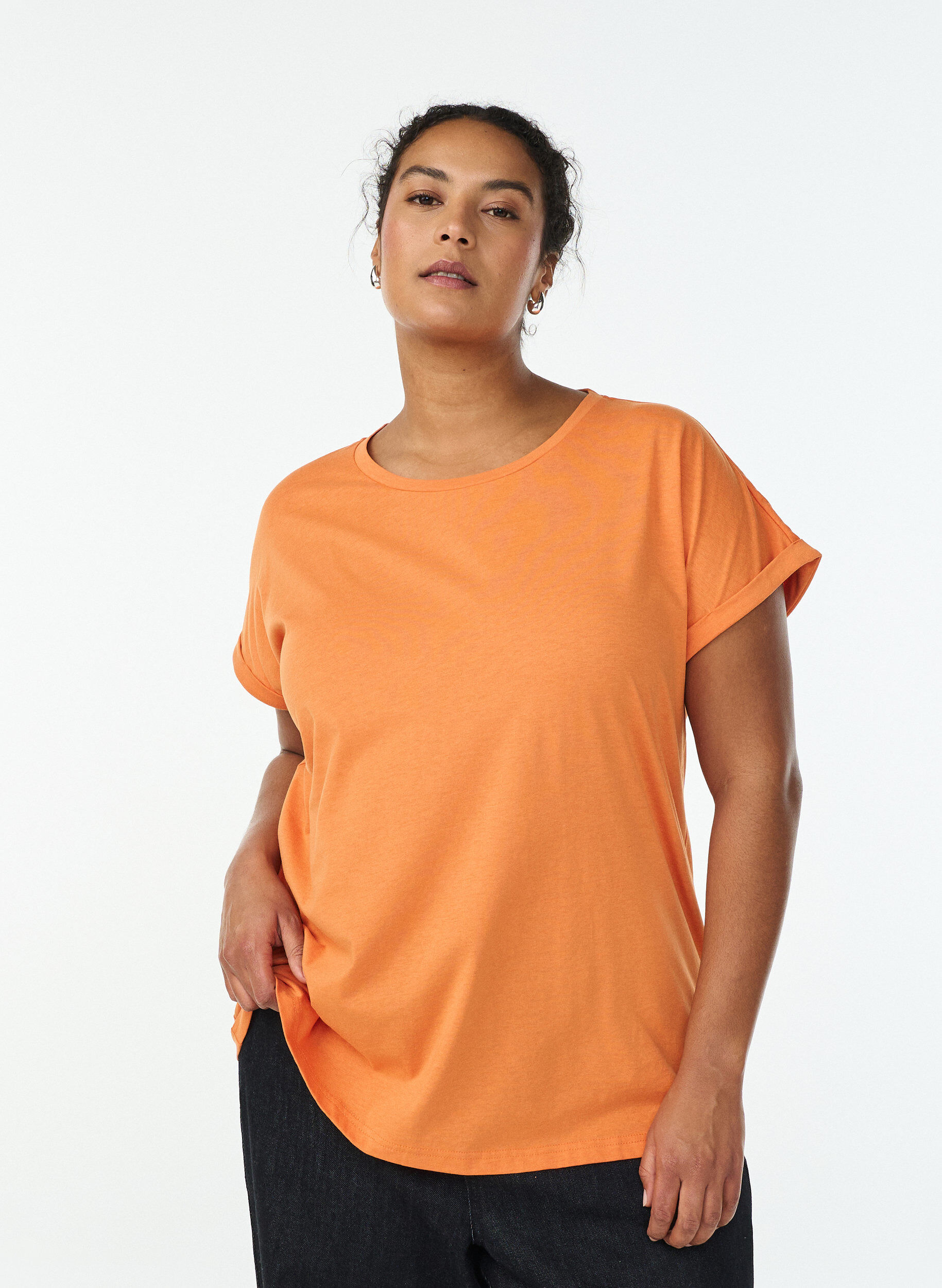 Zizzi T-shirt met korte mouwen van katoenmix, Oranje, Model image number 0