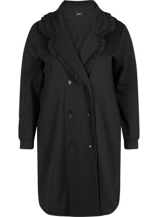 Lange jas met brede kraag en ruche details, Black, Packshot image number 0