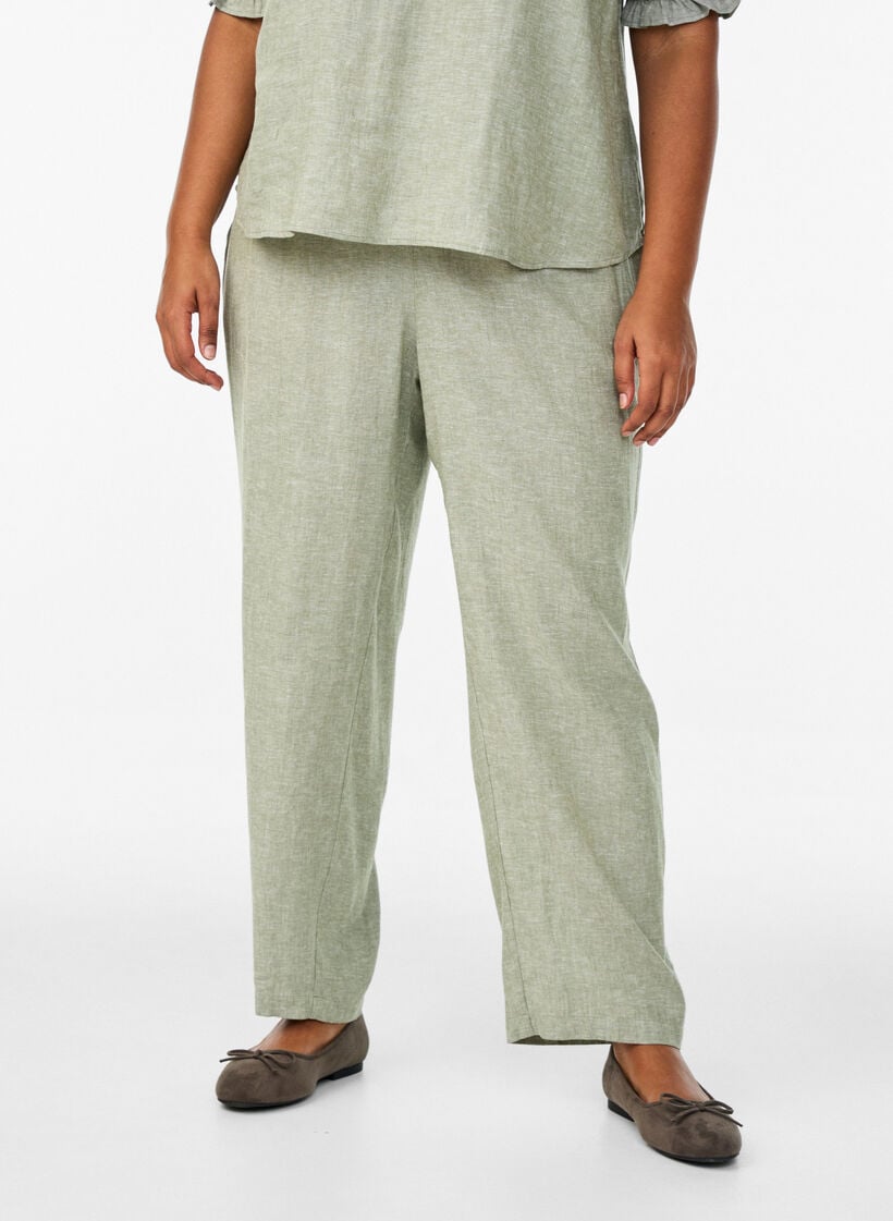 Linnen en viscose broek met losse pasvorm, Groen, Model image number 3