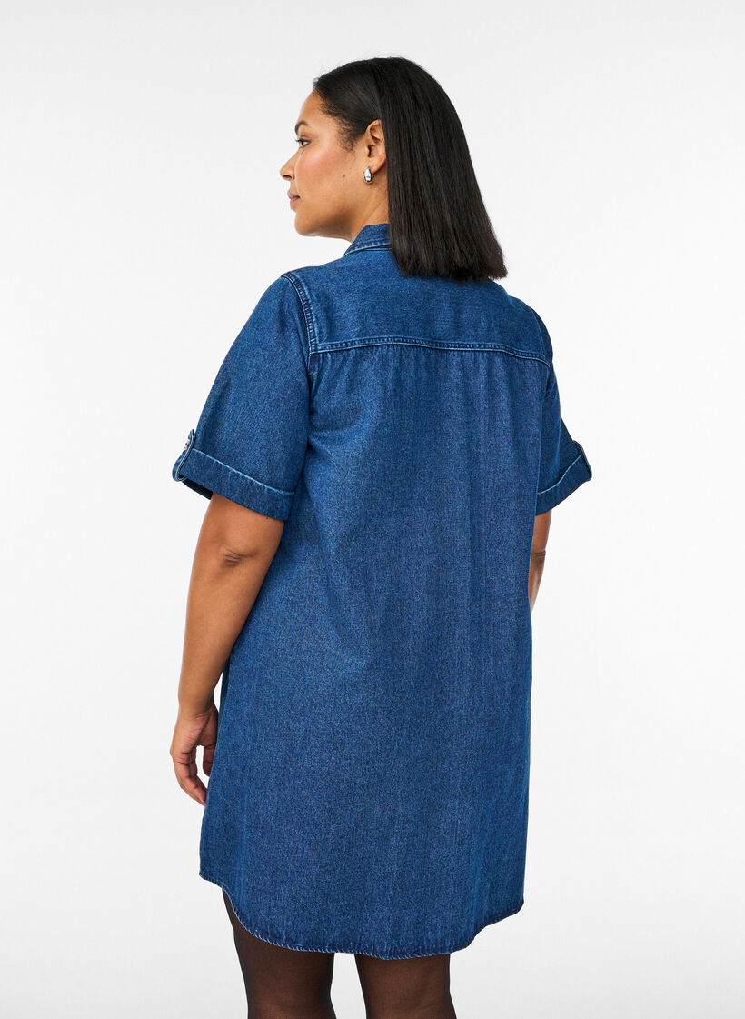 Denimjurk met korte mouwen en knopen, Blauw, Model image number 2