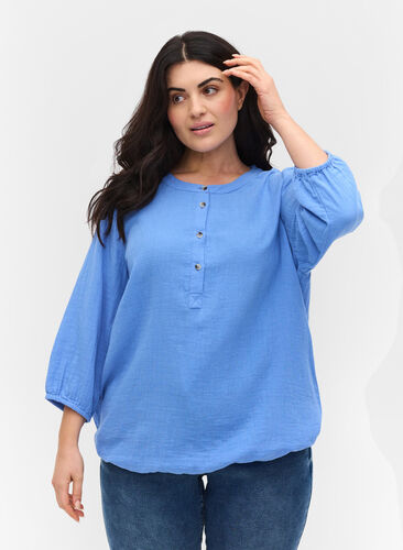 Katoenen blouse met knopen en 3/4-mouwen, Ultramarine, Model image number 0