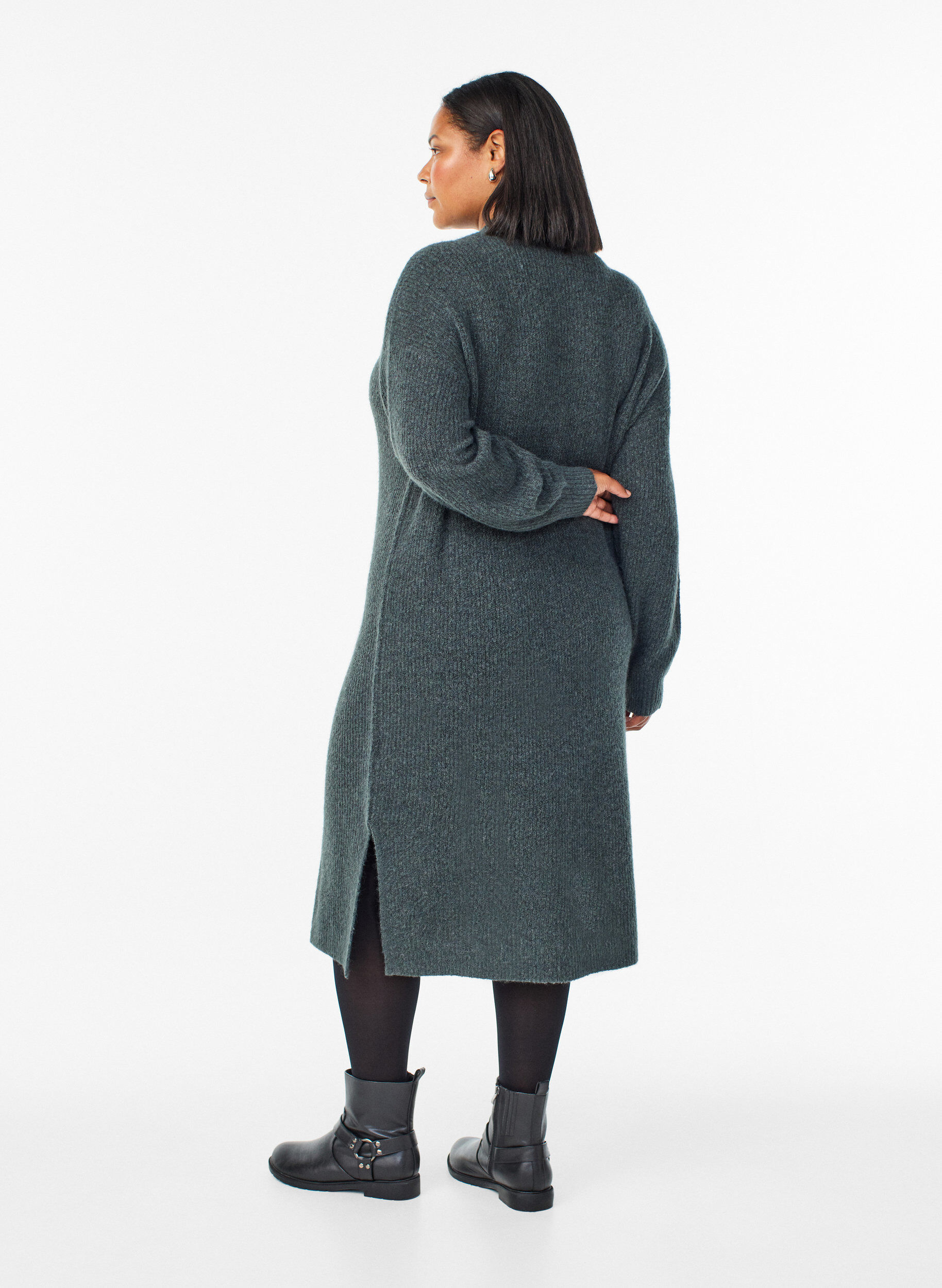 Zizzi Lange gebreide jurk met hoge hals, Groen, Model image number 1