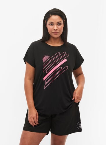 Korte mouw training t-shirt met print, Black/Pink Print, Model image number 0