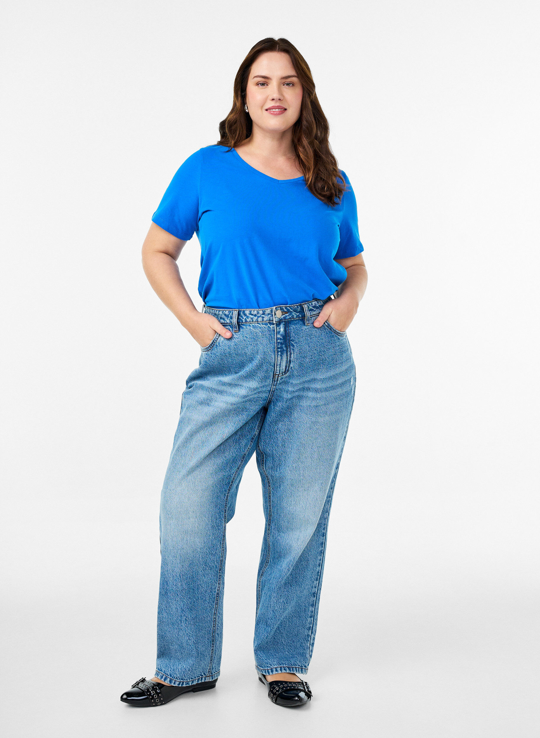 ZizziEffen basic katoenen T-shirt, Blauw, Model image number 1