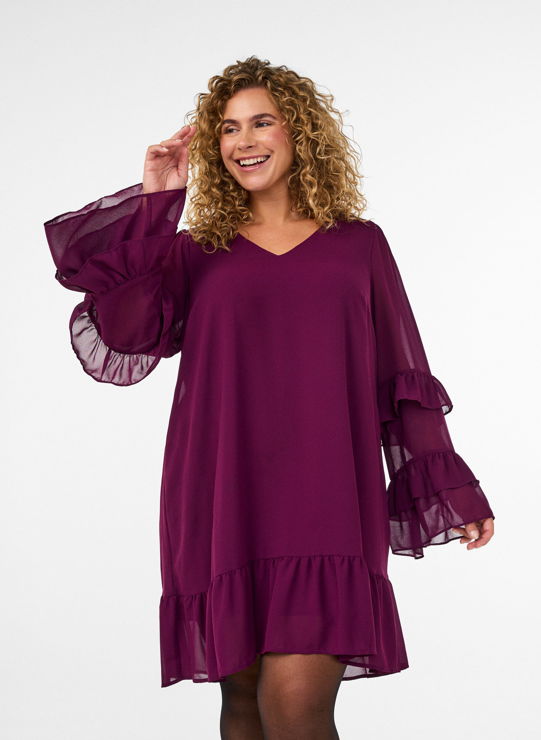 ZizziKorte jurk met transparante ruchesmouwen, Paars, Model image number 3