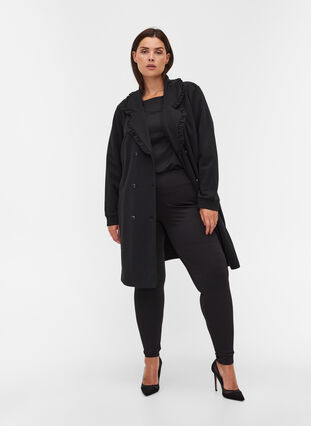Lange jas met brede kraag en ruche details, Black, Model image number 3