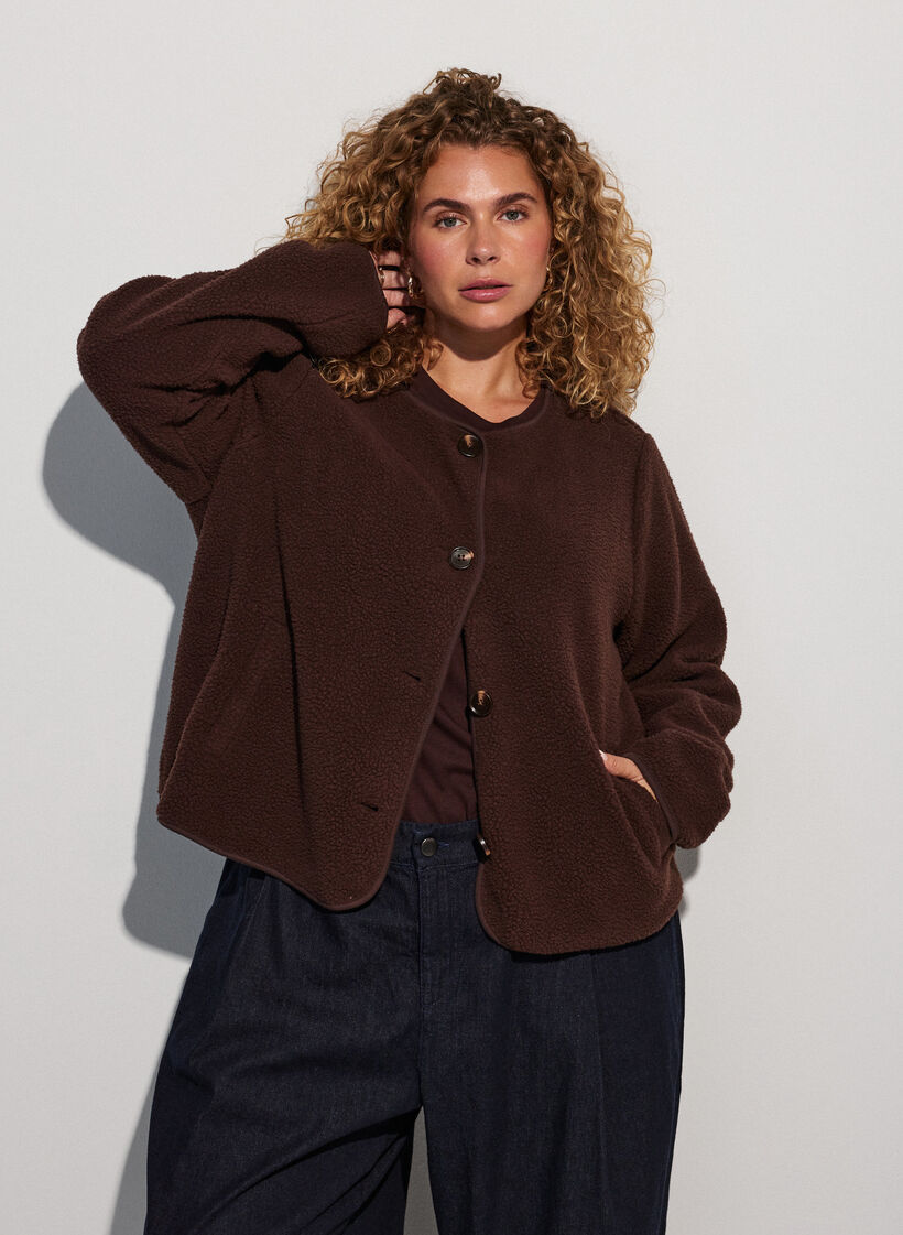 Teddyjack met een ronde hals en knopen, Bruin, Model image number 0