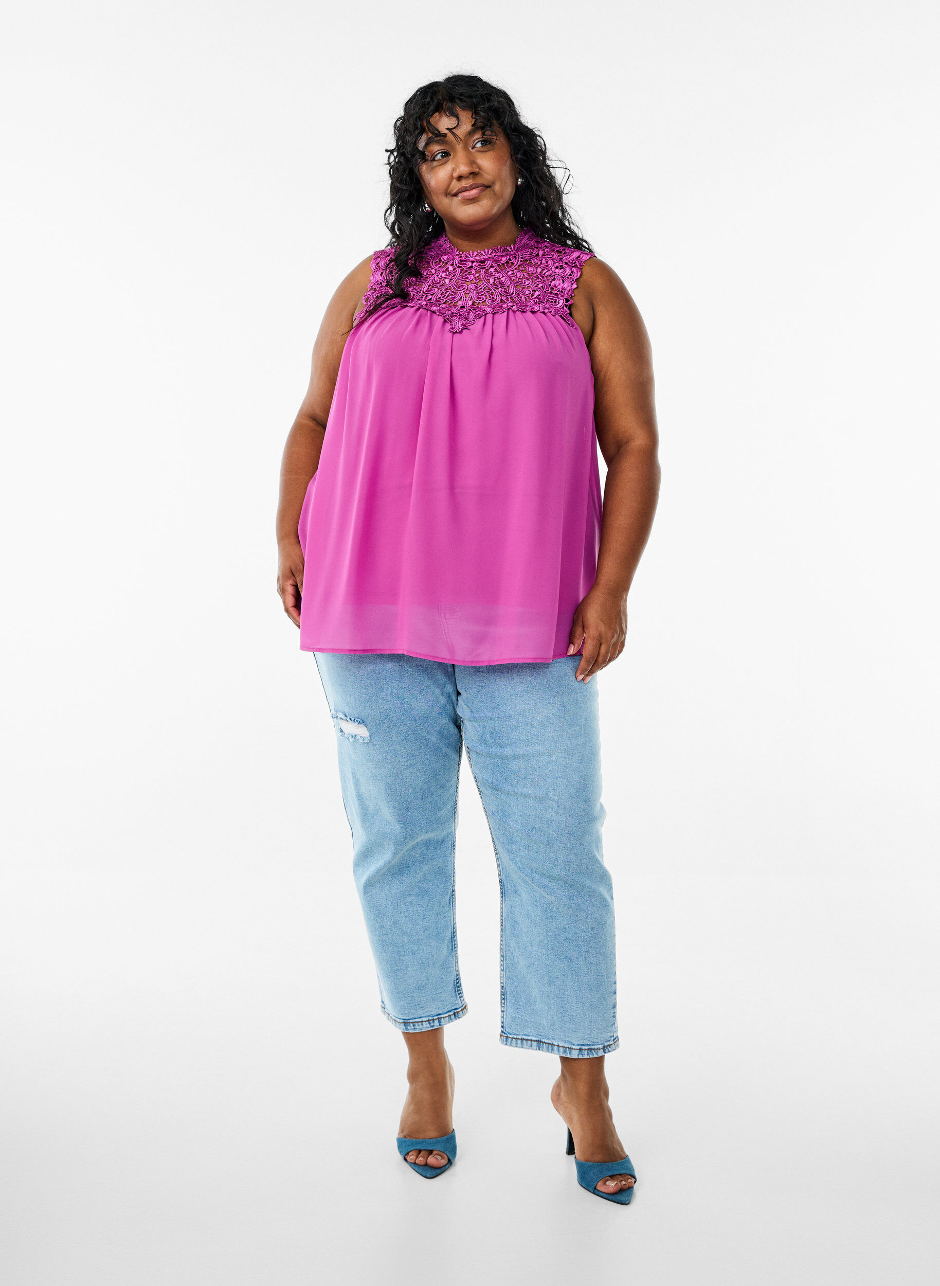 Zizzi Mouwloos feesttopje met haakwerk, Paars, Model image number 1