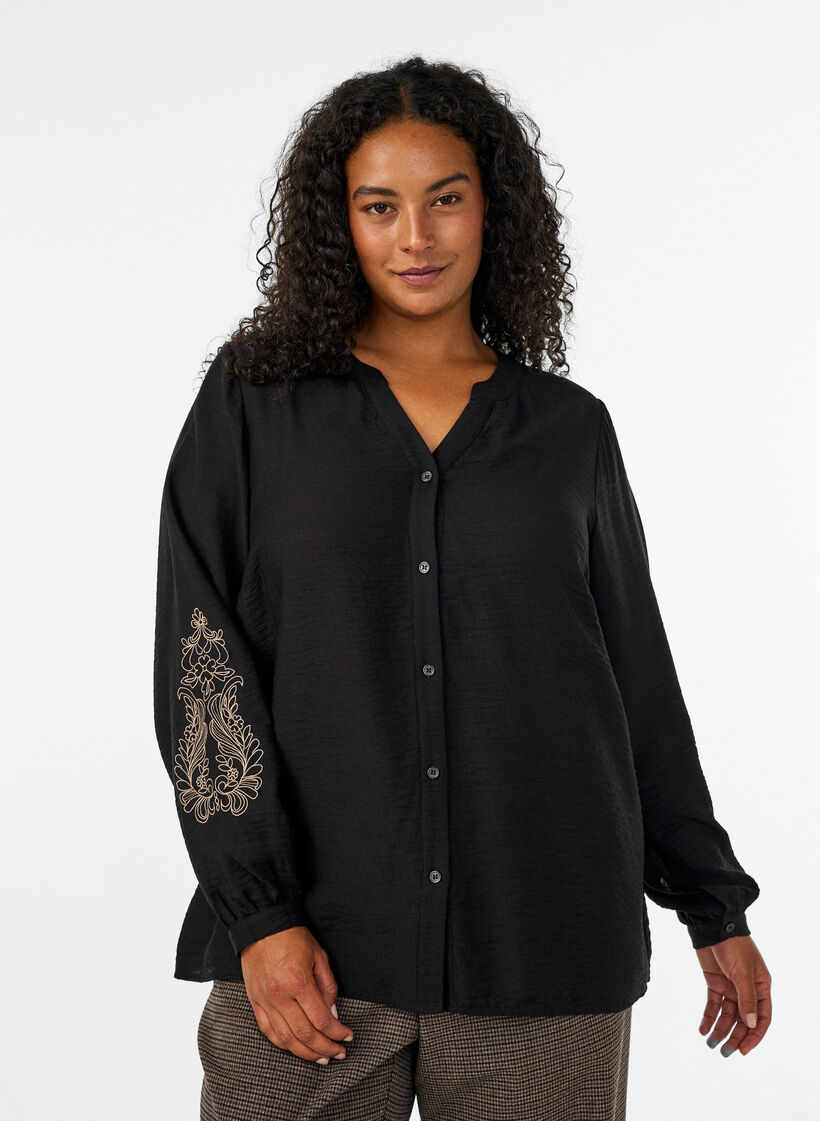Viscose shirt met geborduurde mouwen, Zwart, Model image number 0