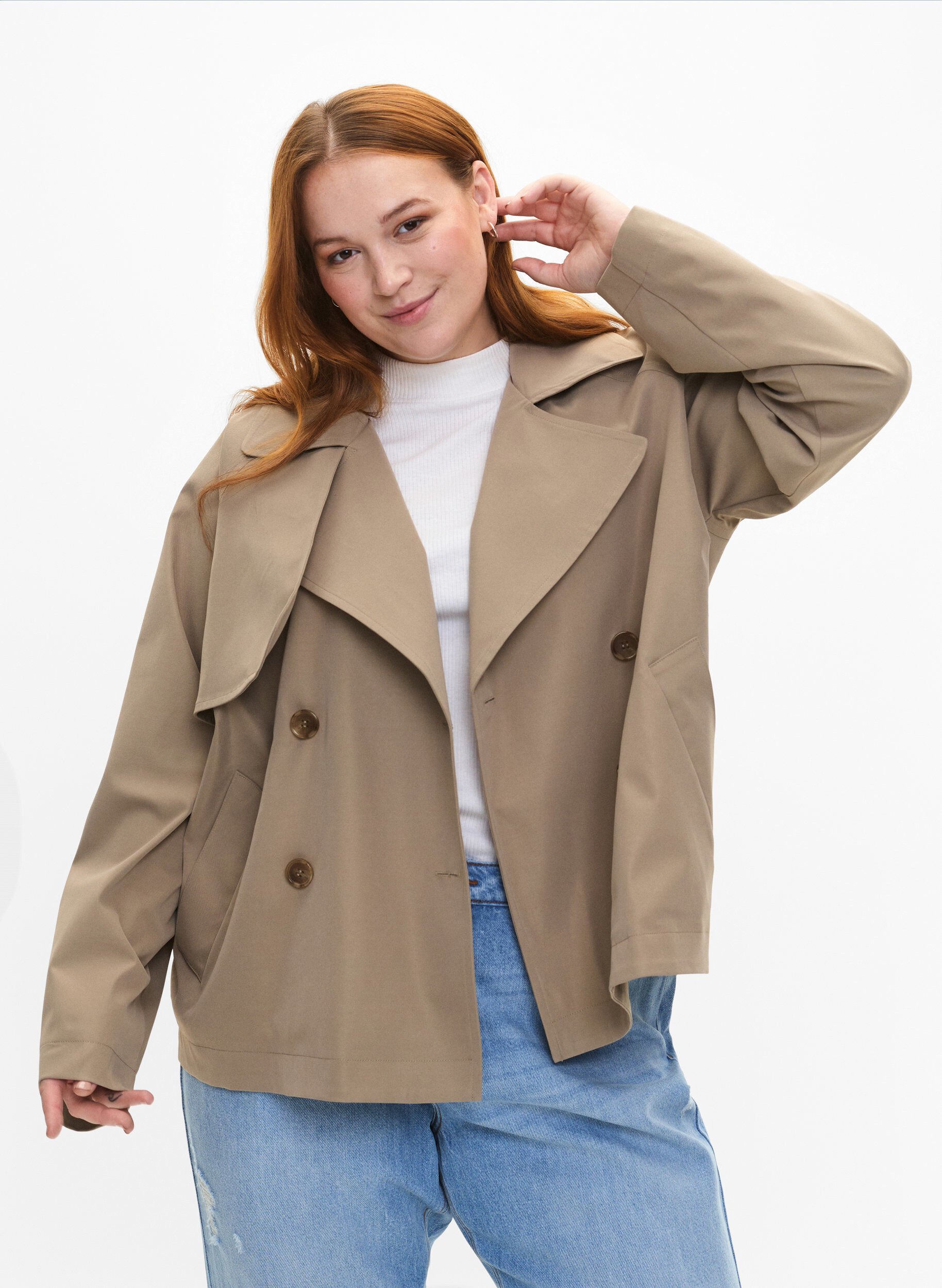 Zizzi Korte trenchcoat met drukknoopsluiting, Coriander, Model image number 0
