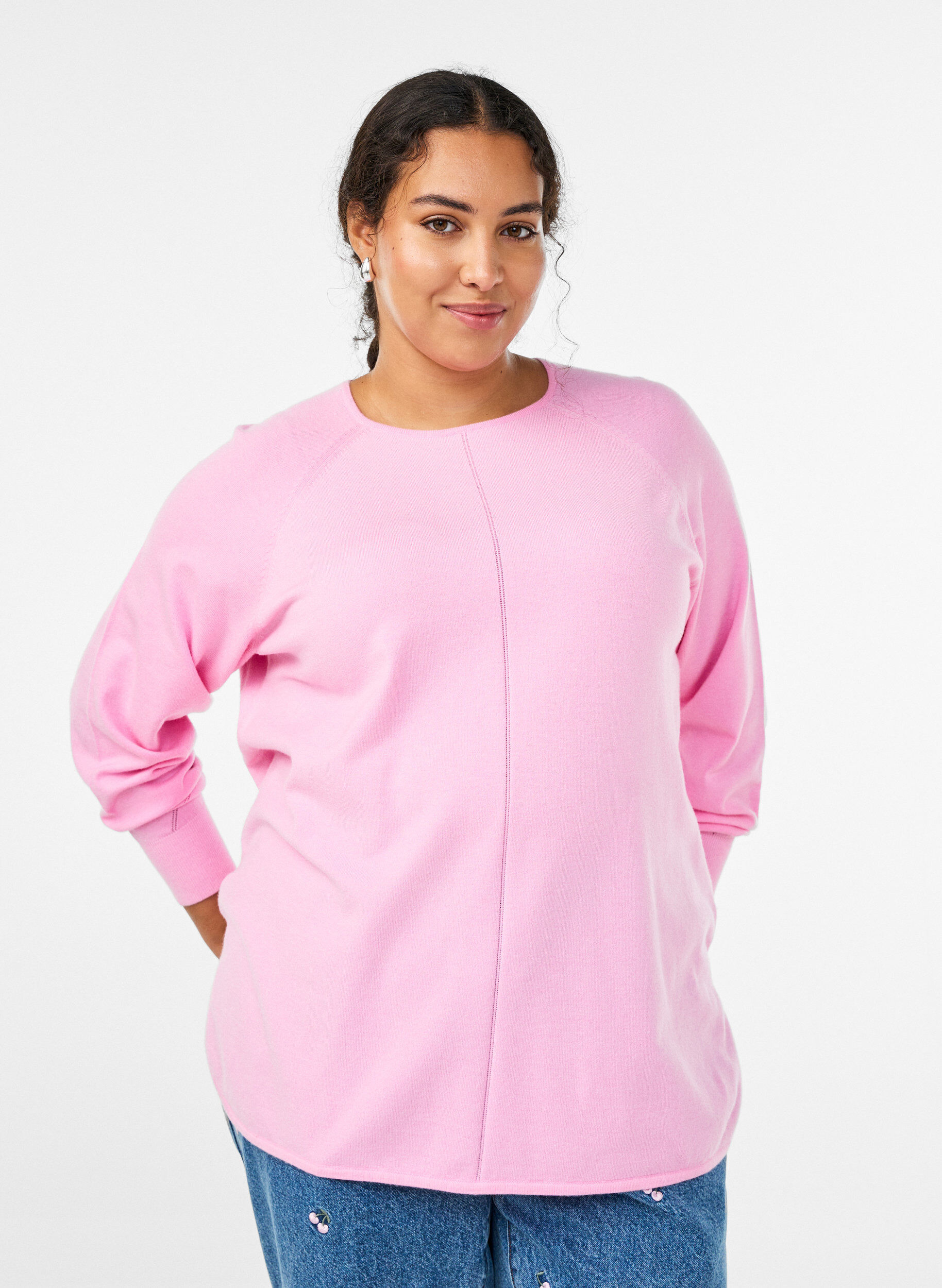 ZizziGebreide blouse met ronde hals en gebreid patroon, Roze, Model image number 0