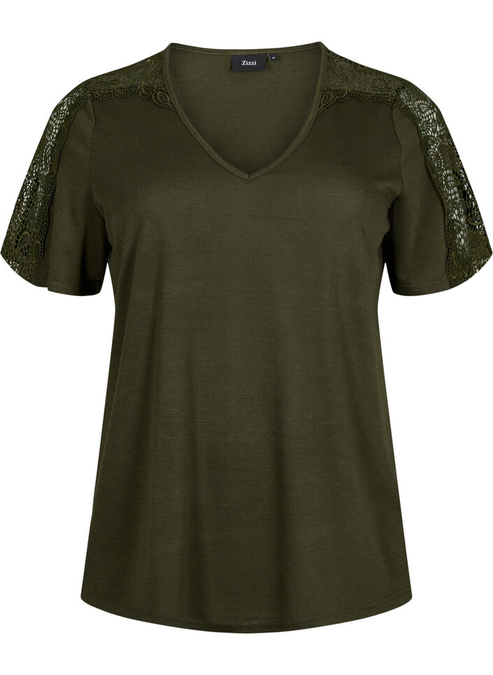 Blouse met korte mouwen, kant en v-hals, Forest Night, Packshot image number 0
