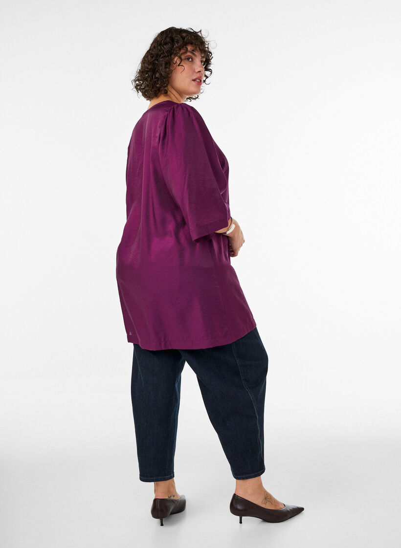 Glanzende tuniek met V-hals en 3/4 mouwen, Paars, Model image number 2