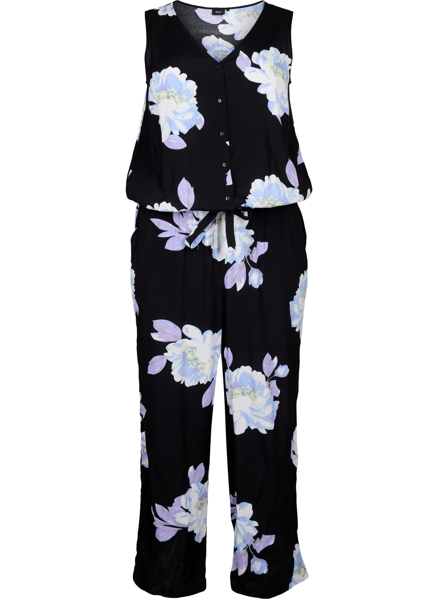 Zizzi Mouwloze jumpsuit van viscose, Black Big Flower AOP, Packshot image number 0