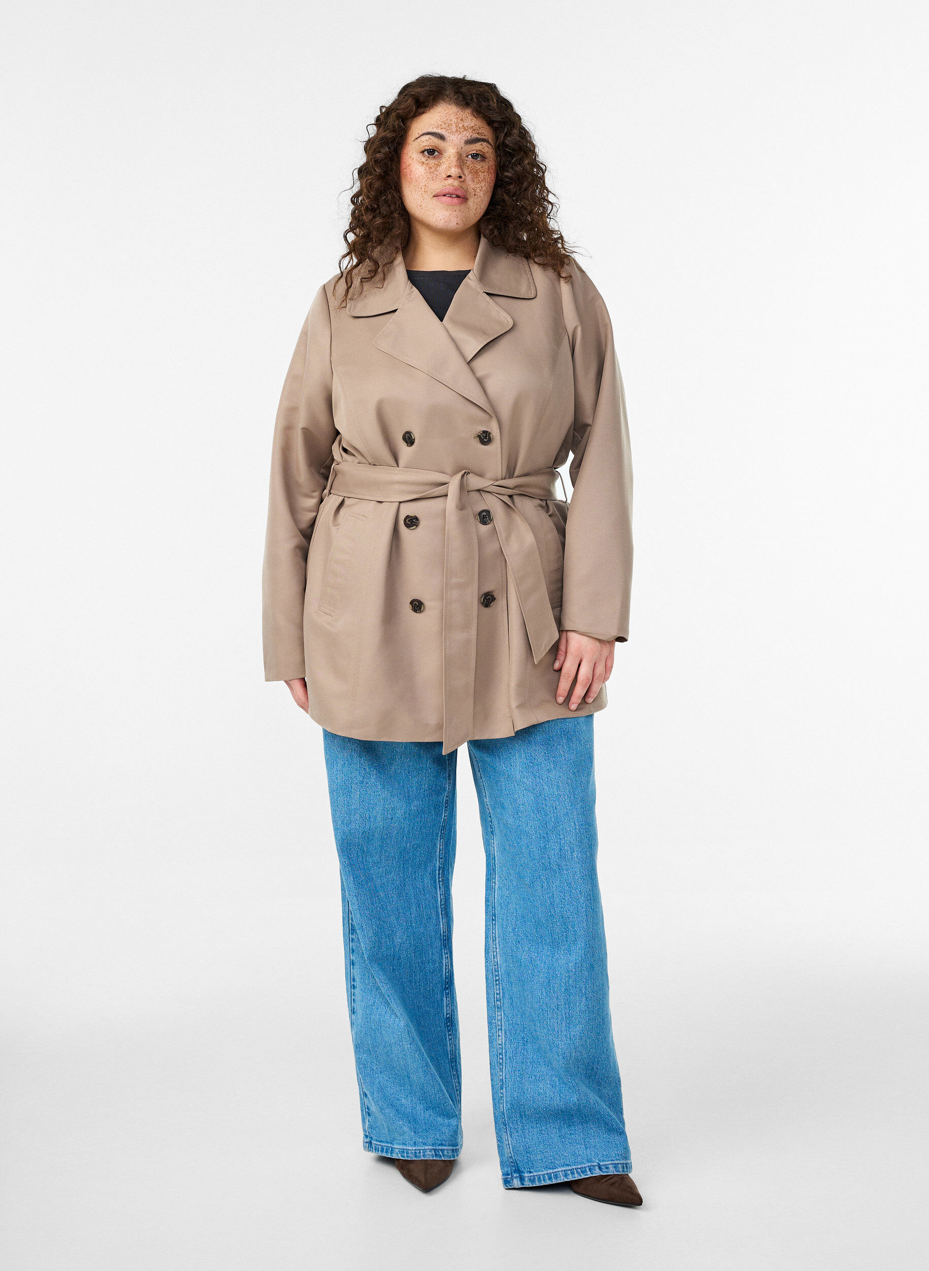 Zizzi Korte trenchcoat met riem, Grijs, Model image number 1