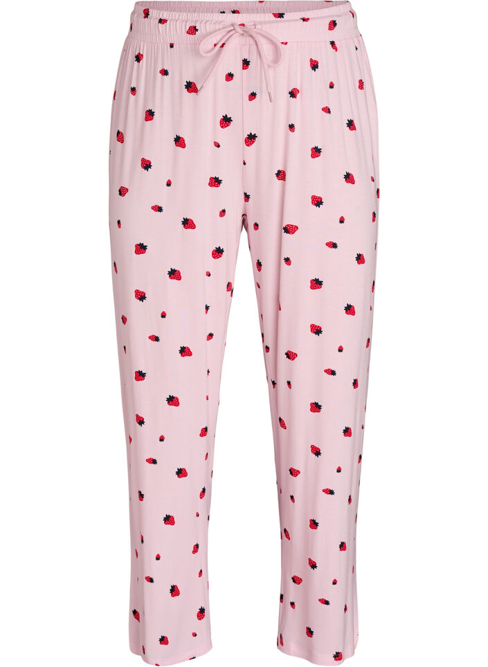 Pyjamabroek in zachte jersey met hoge taille en fruitprint, Roze, Packshot image number 0
