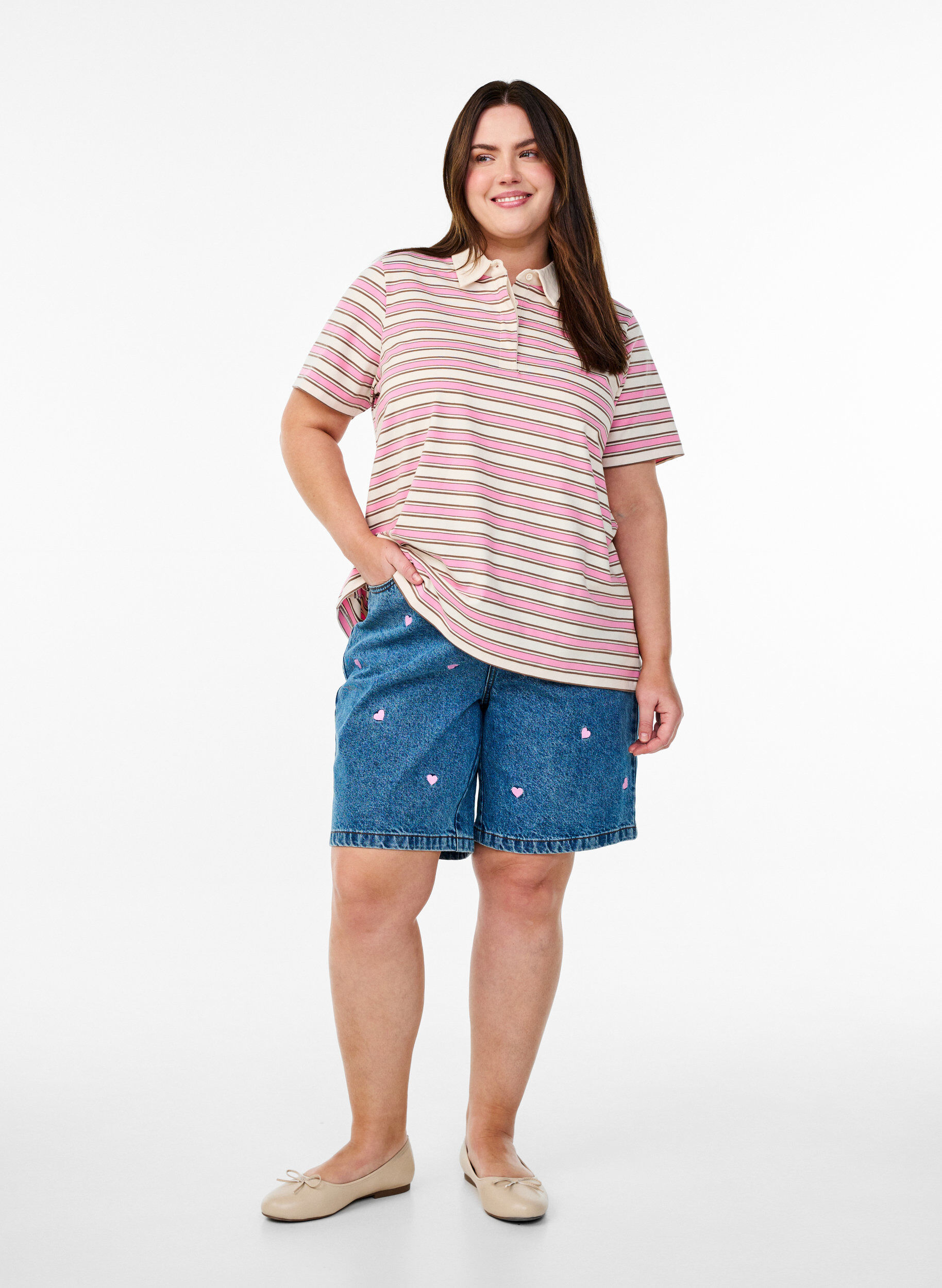 Zizzi Gestreepte poloshirt met korte mouwen, Roze, Model image number 1