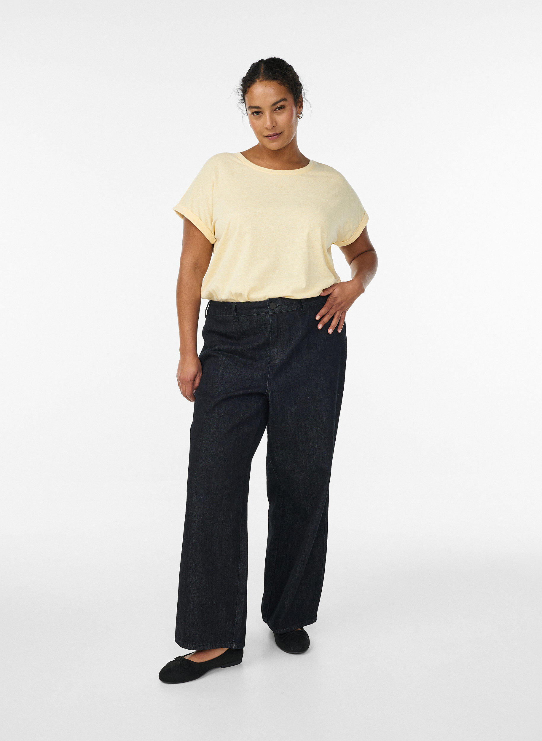 Zizzi Gem&ecirc;leerd T-shirt met korte mouwen, Geel, Model image number 1