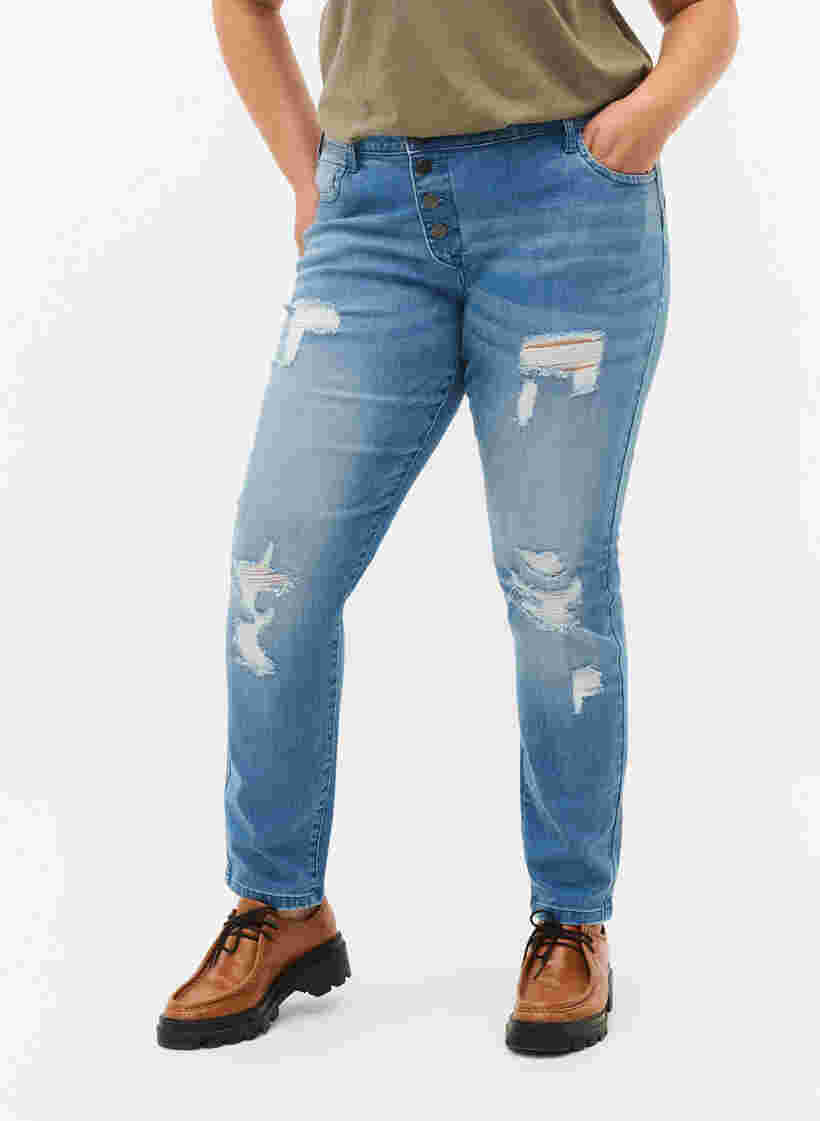 Ripped Emily jeans met normale taille, Blue denim, Model image number 2