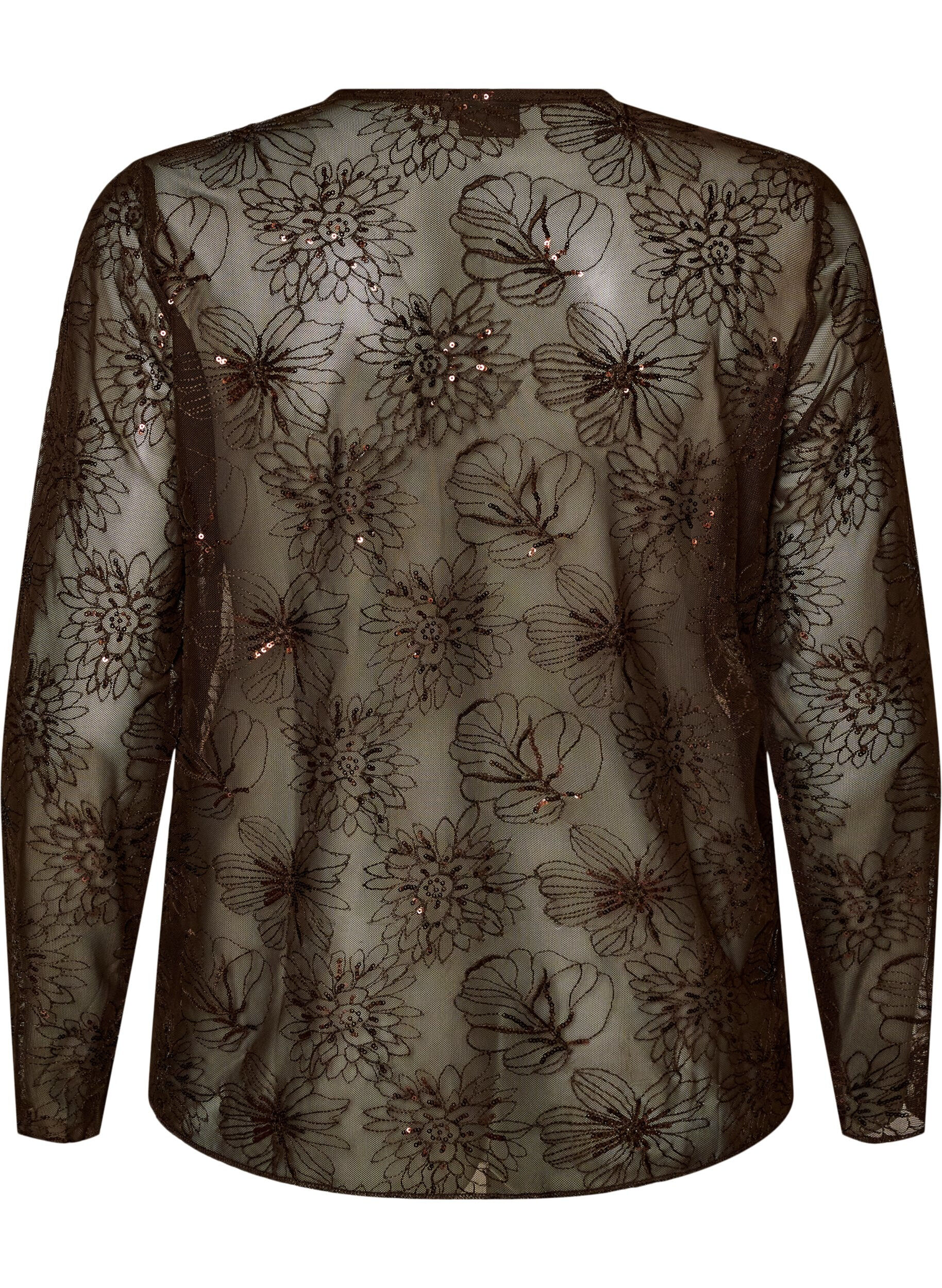 ZizziMesh blouse met bloemen en pailletten, Bruin, Packshot image number 1