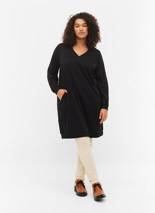 Sweatshirt jurk met v-halslijn, Black, Model image number 2