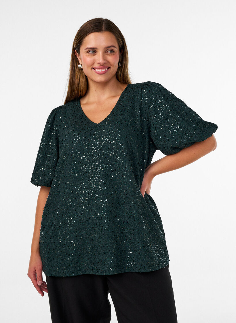 Blouse met pailletten en ballonmouwen, Groen, Model image number 0