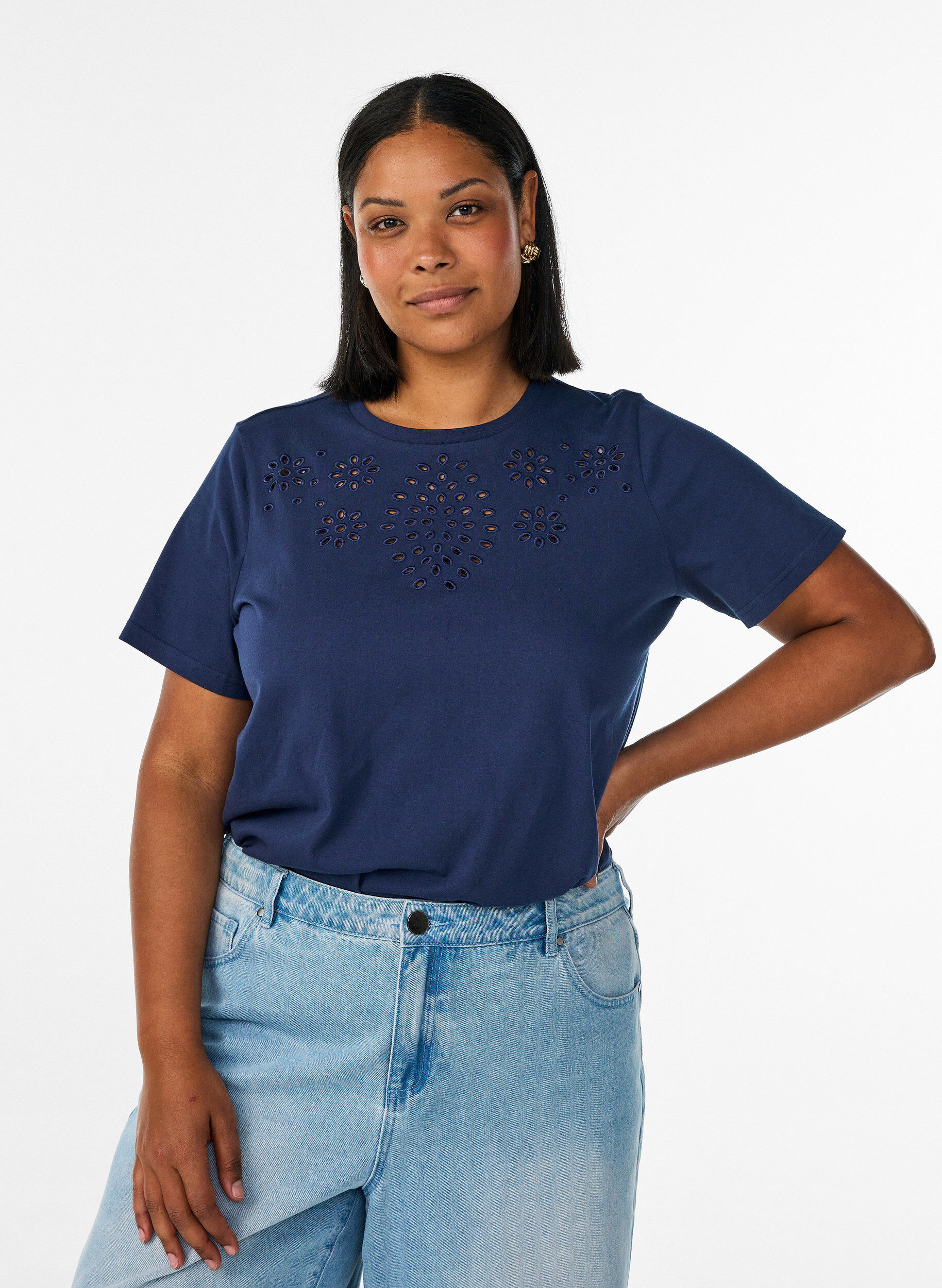 ZizziT-shirt van biologisch katoen met open broderie, Blauw, Model image number 0