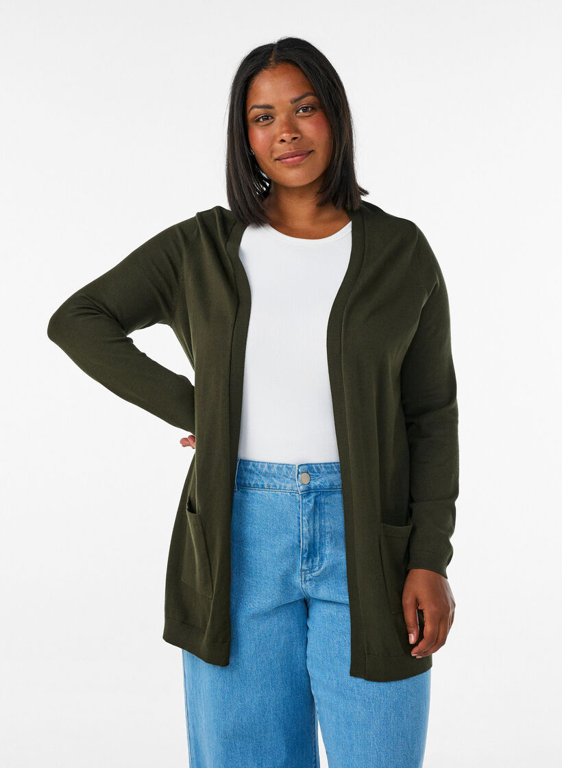 Lang gebreid vest in viscosemix, Groen, Model image number 0