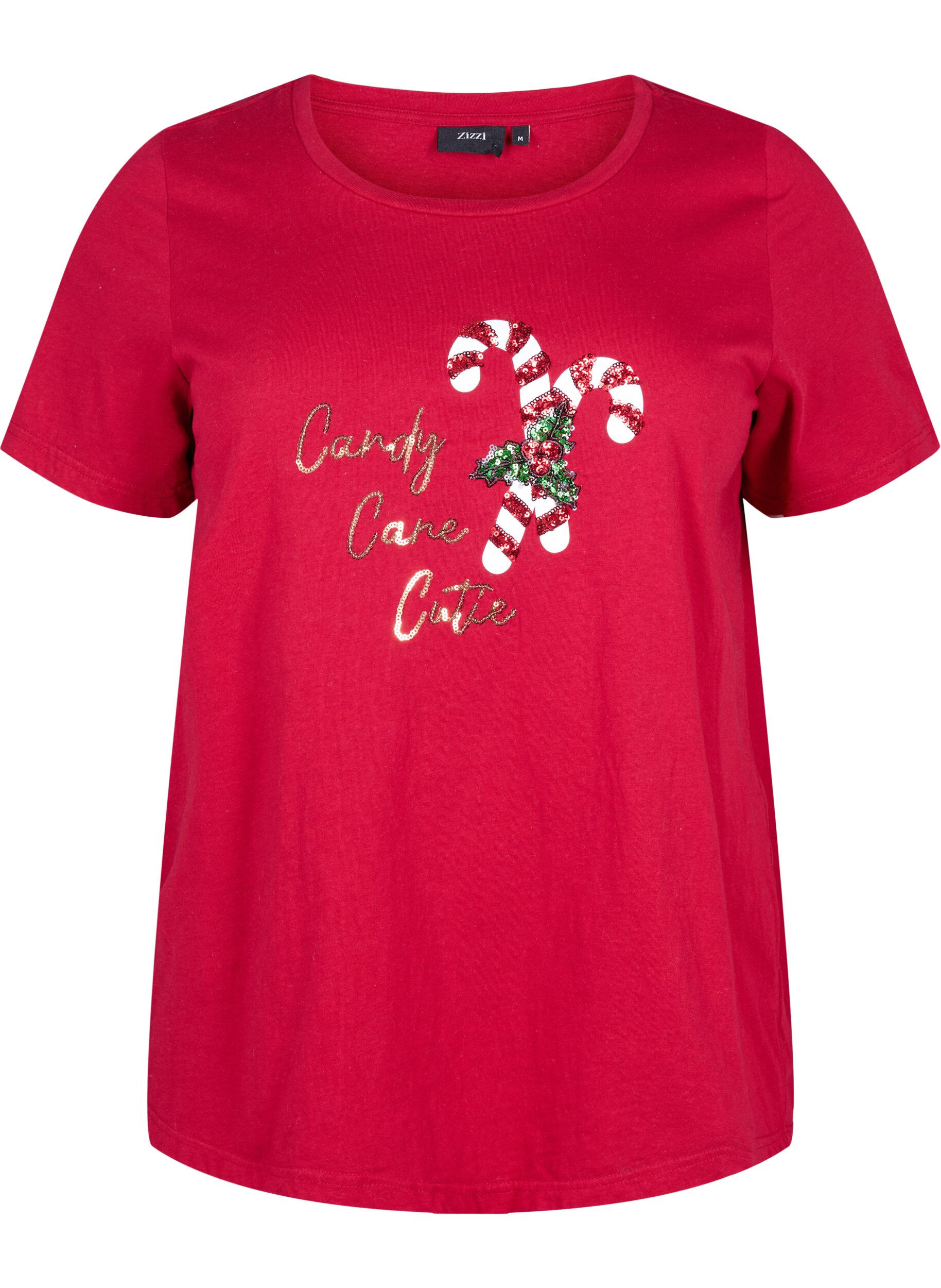 Zizzi Kerst T-shirts in 100% katoen, Tango R.w.Candy Cane, Packshot image number 0